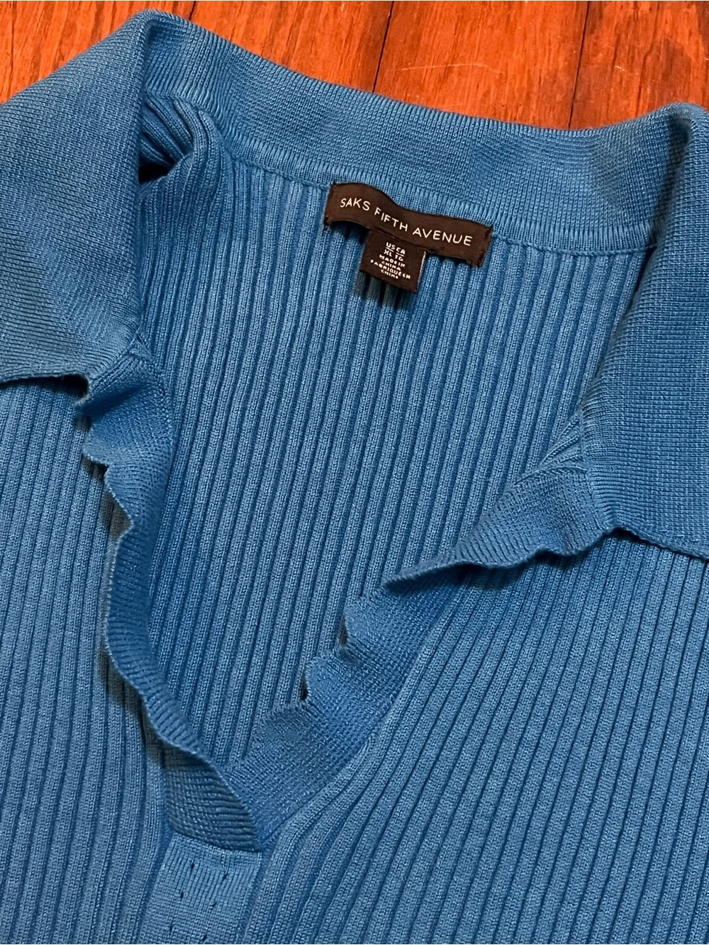 Saks Fifth Avenue Ocean Blue Ribbed V-Neck Sweater with Ruffle Trim